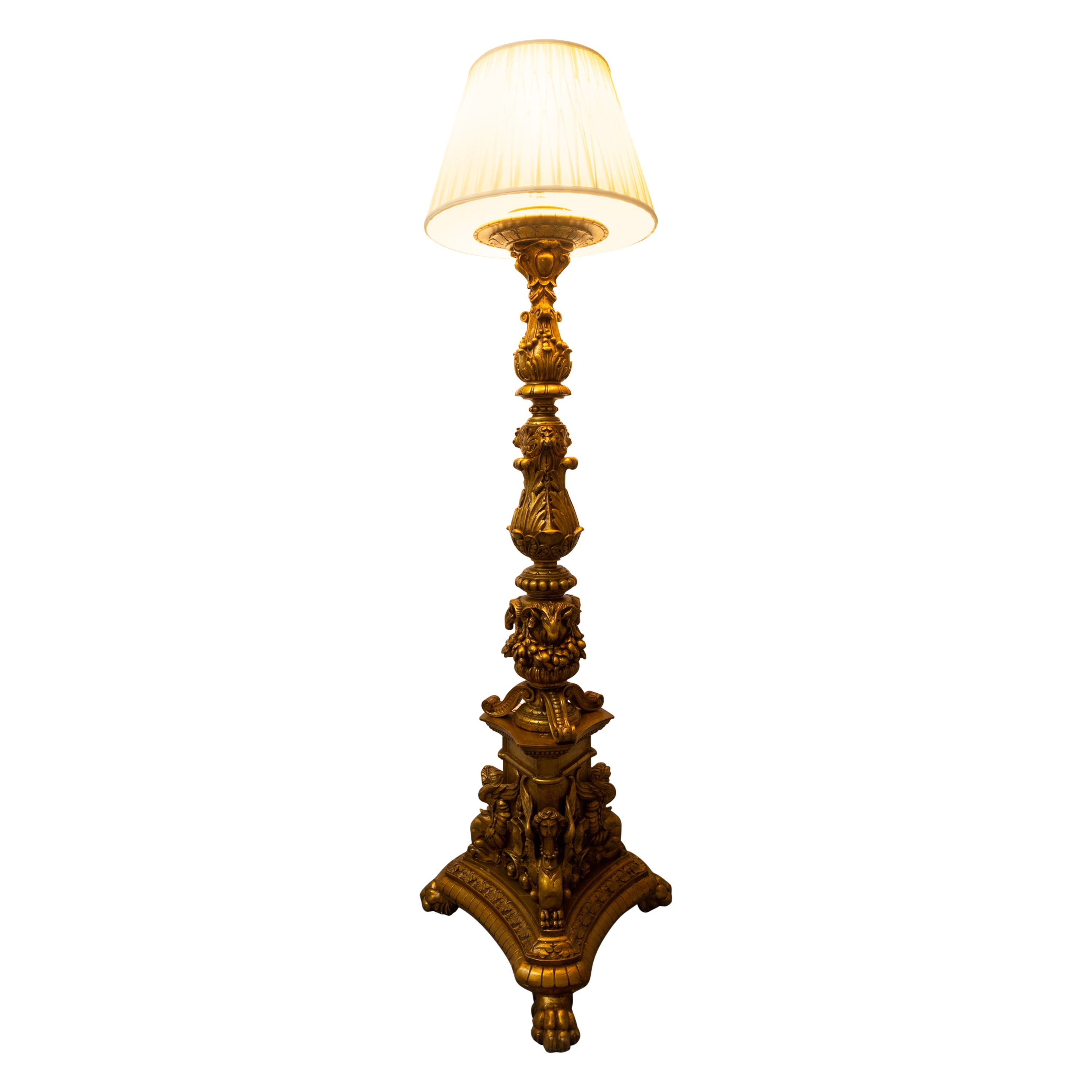 Monumentale französische vergoldete Stehlampe aus dem 19. Jahrhundert, gut geschnitzt