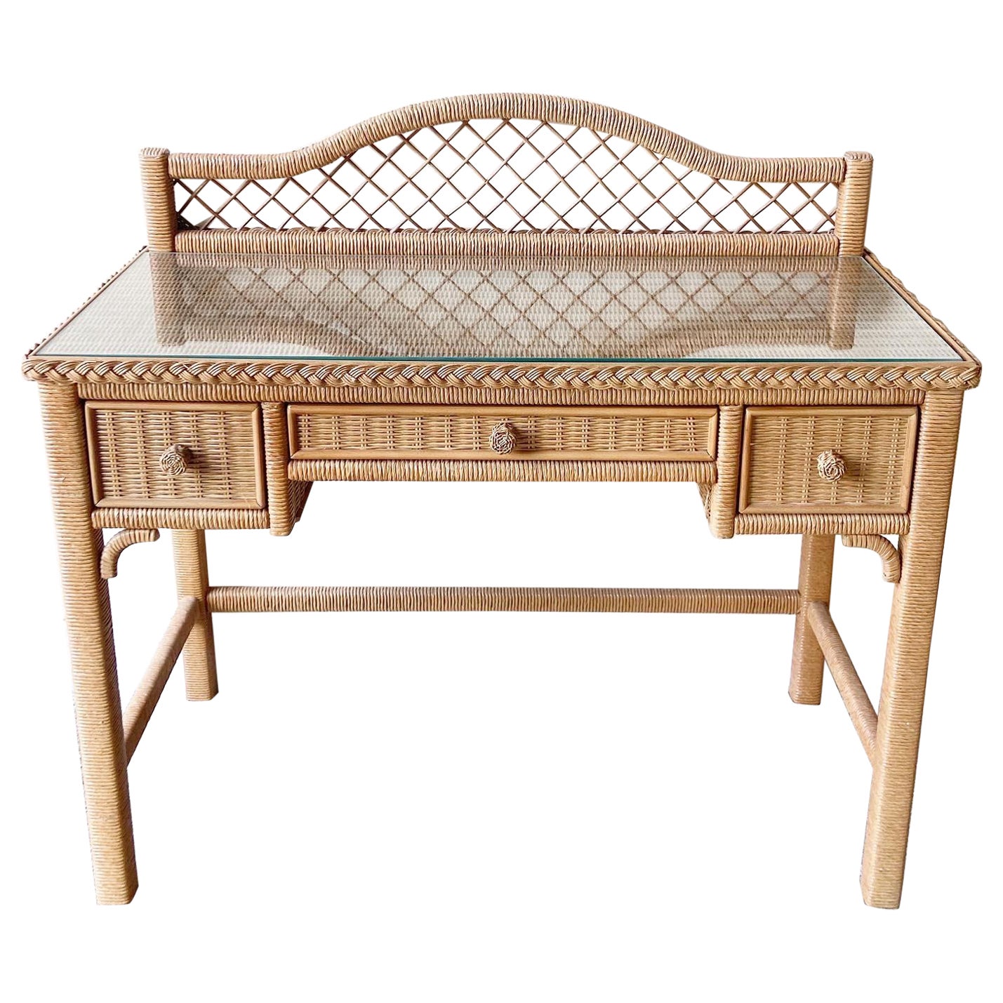 Boho Chic Henry Link Wicker Natural Finish Writing Desk For Sale at 1stDibs
