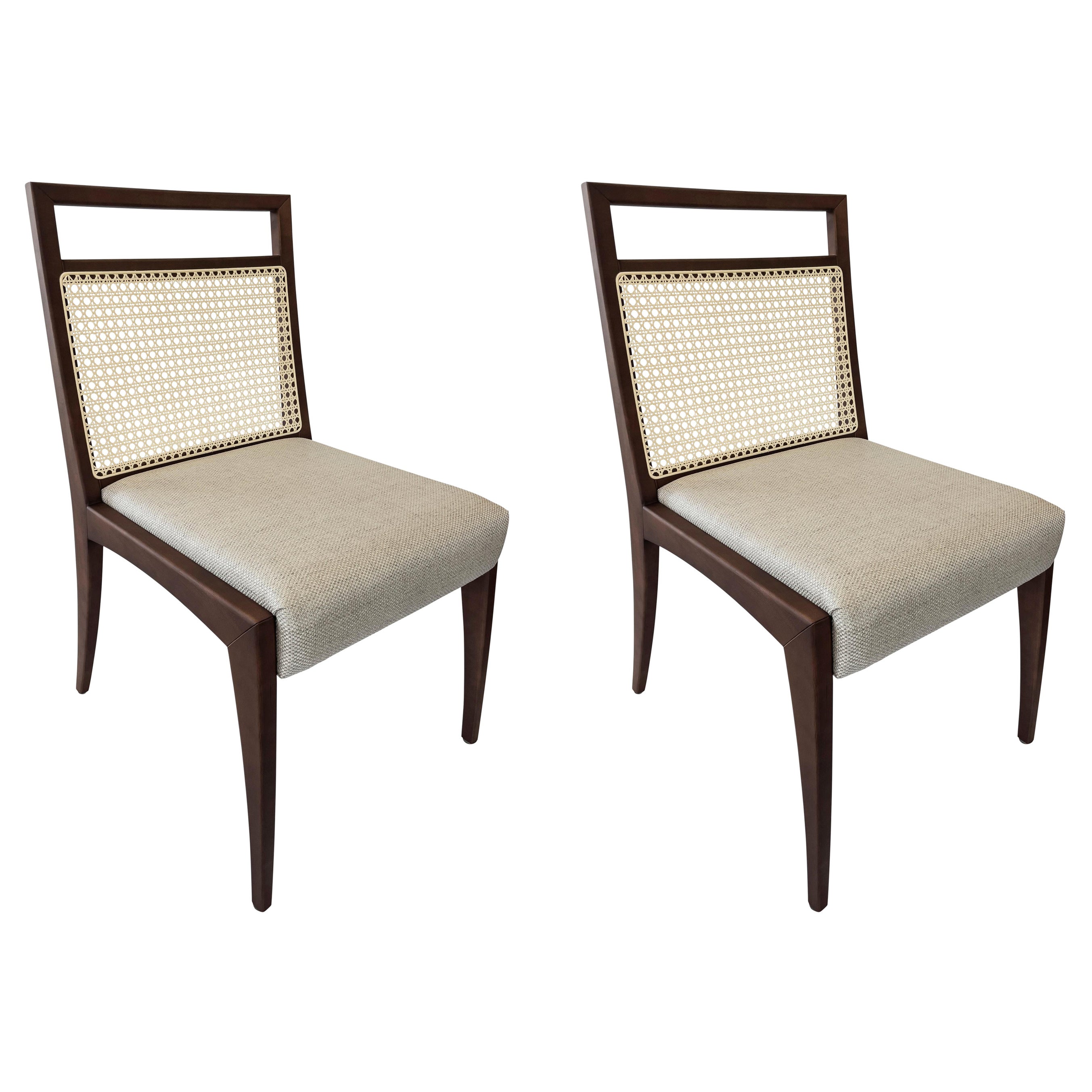 Sotto Cane-Back Dining Chair in Walnut Wood Finish with Oatmeal Fabric, Set of 2 For Sale