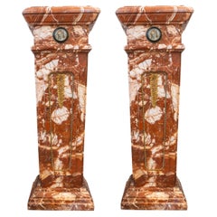 Fine Pair of Italian Rouge Marble Pedestals with Micromosaic Panel and Gilt