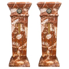 Vintage Fine Pair of Italian Rouge Marble Pedestals with Micromosaic Panel and Gilt