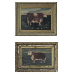 Late 19th/Early 20th Century Pair of Naive Folk Art Prize Bulls Oil on Canvas 
