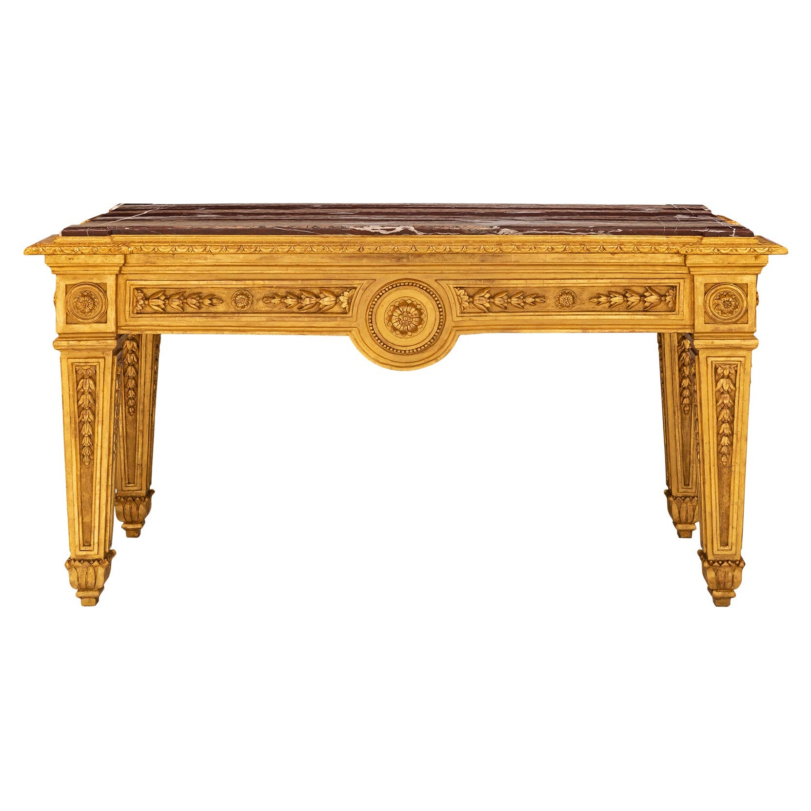 French 19th Century Louis XVI St. Giltwood and Campan Rubané Marble Center Table For Sale