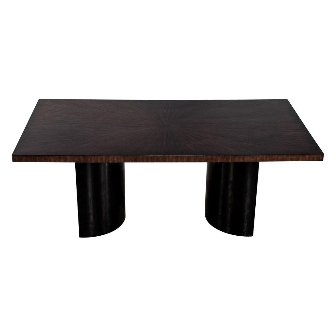 Custom Modern Walnut Starburst Dining Table with Black Curved Pedestals For Sale