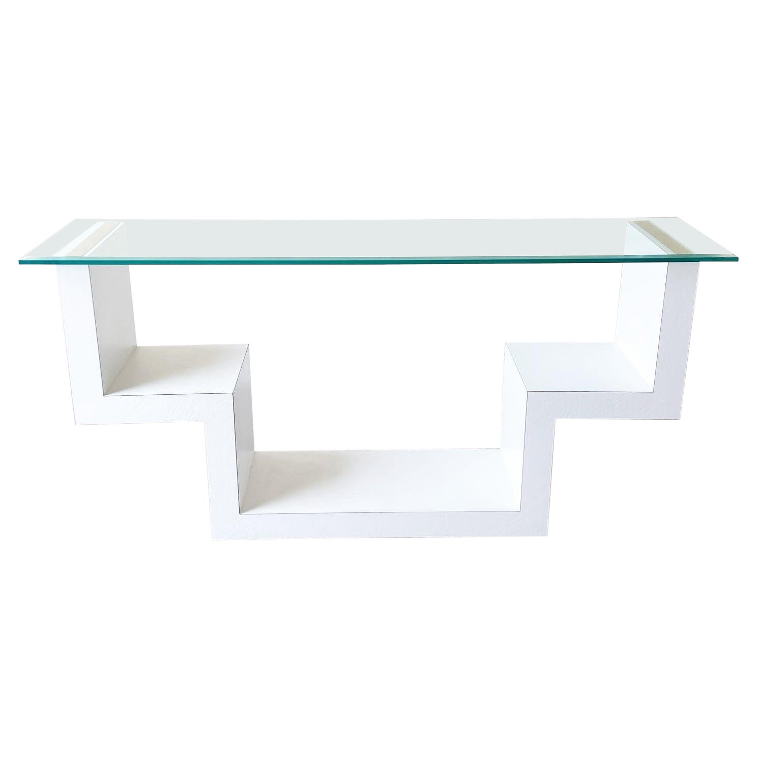 1980s Postmodern White Faux Leather Laminate Glass Top Console Table For Sale