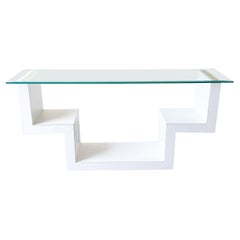 1980s Postmodern White Faux Leather Laminate Glass Top Console Table