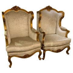 Retro Pair of Giltwood French Wingback/Bergere Chairs Louis XV-Style