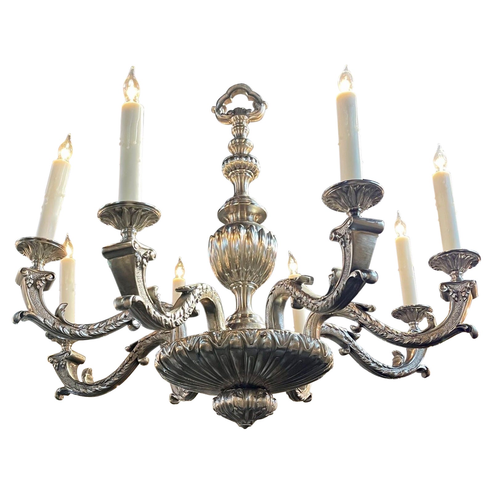 19th Century English Silvered Bronze Chandelier with 8 Lights For Sale
