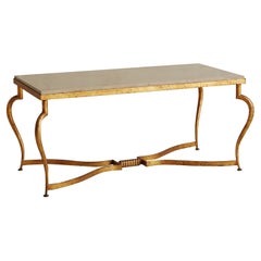 Gold Metal Frame Coffee Table With Stone Table Top in the Style of Maison Ramsay