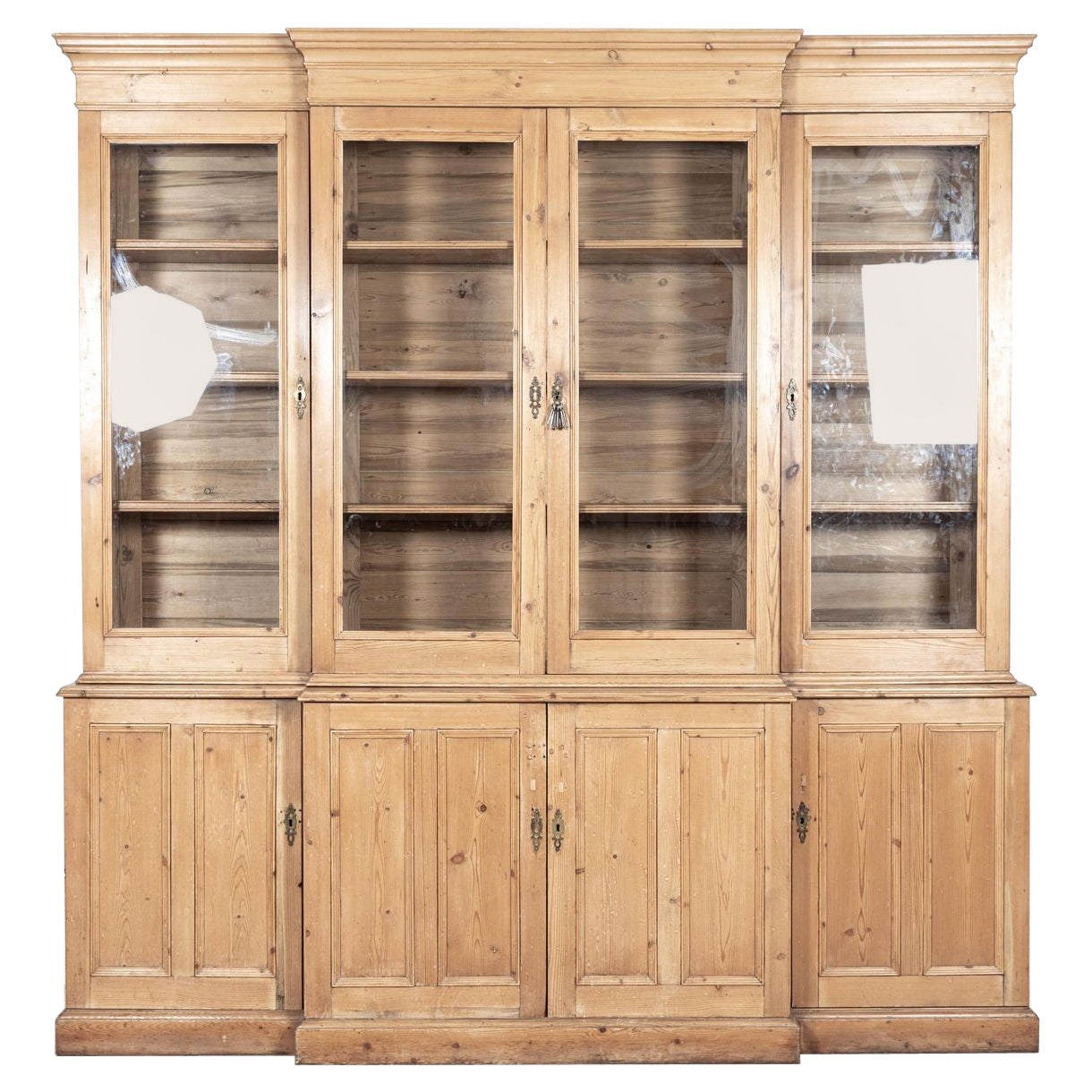 Large English Pine Glazed Breakfront Bookcase For Sale