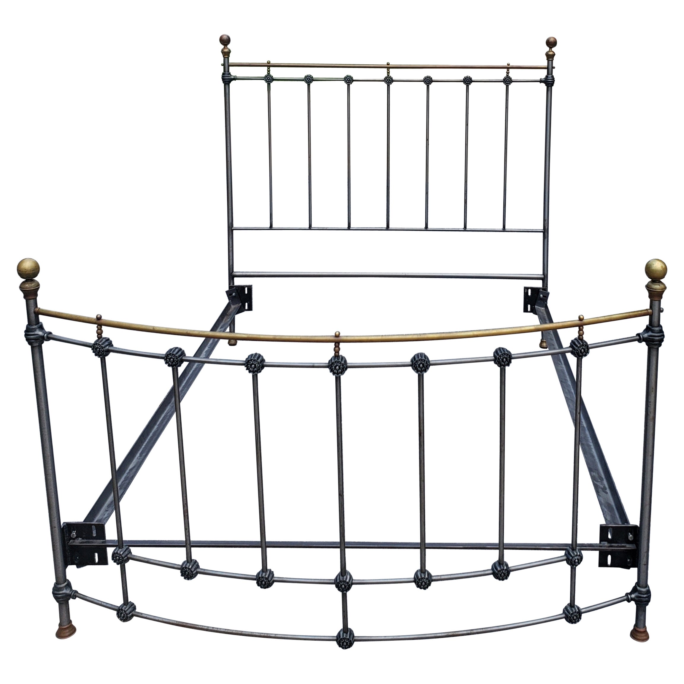 French Country Polished Steel and Brass Queen or Double Bedstead