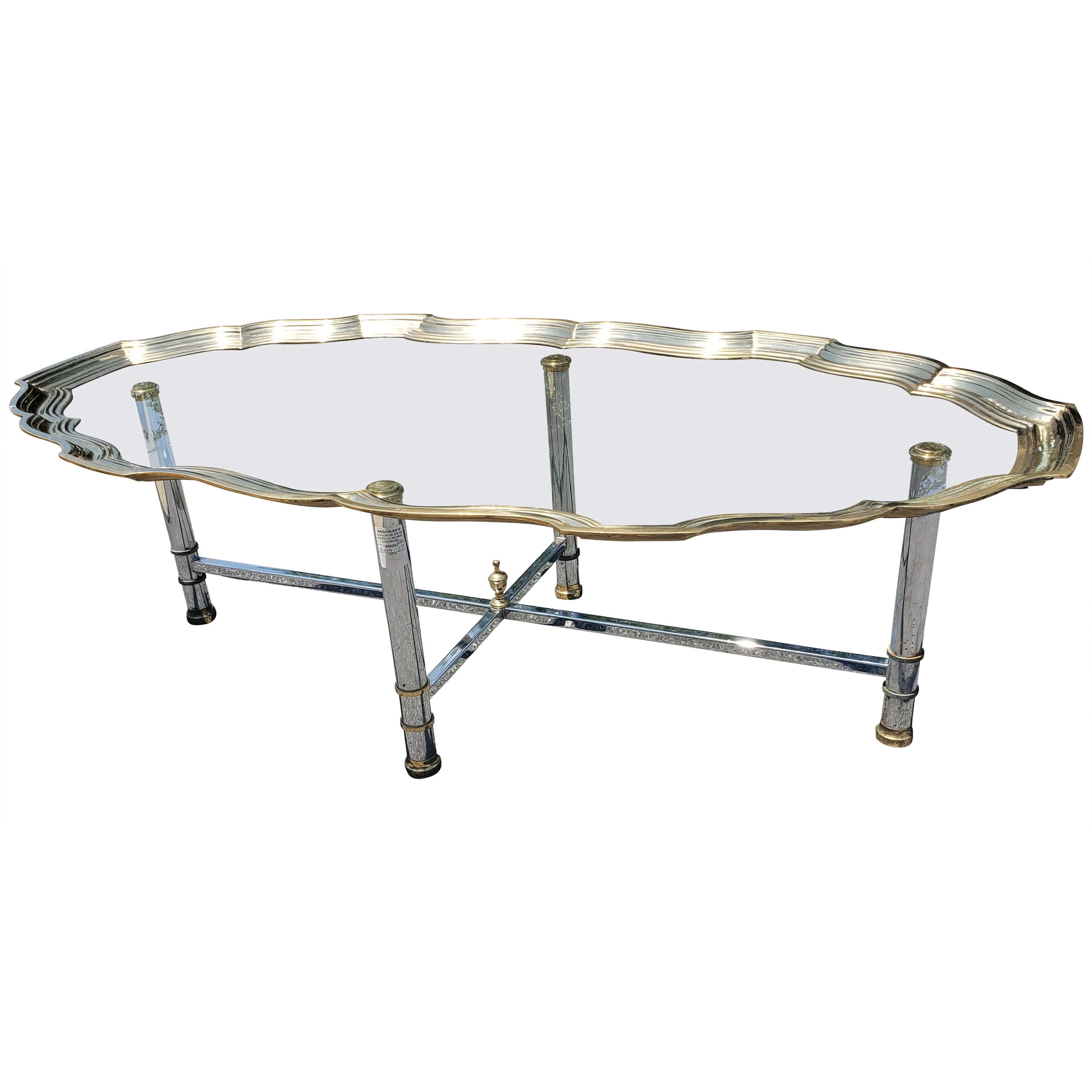 Scalloped Brass and Polished Steel Chrome Glass Top Cocktail Coffee Table