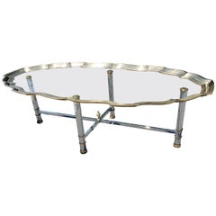Scalloped Brass and Polished Steel Chrome Glass Top Cocktail Coffee Table