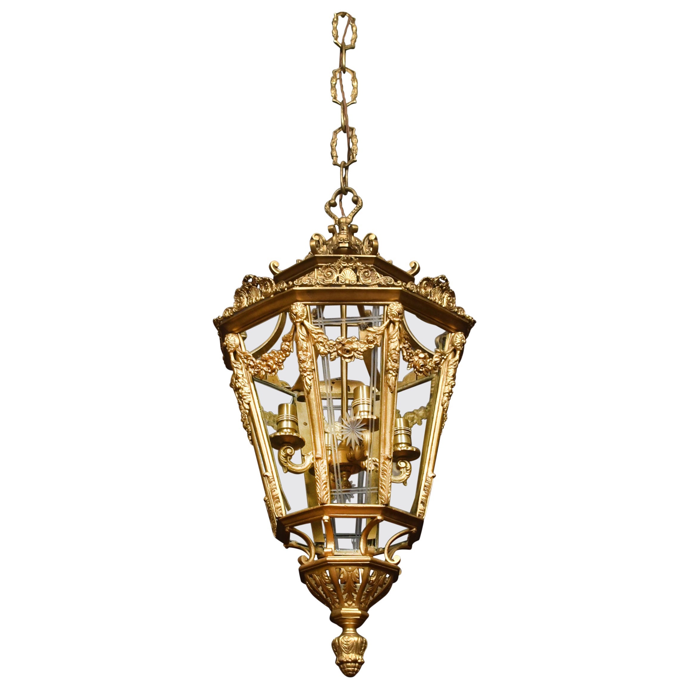 Large Brass Octagonal Cut Glass Four Light Lantern
