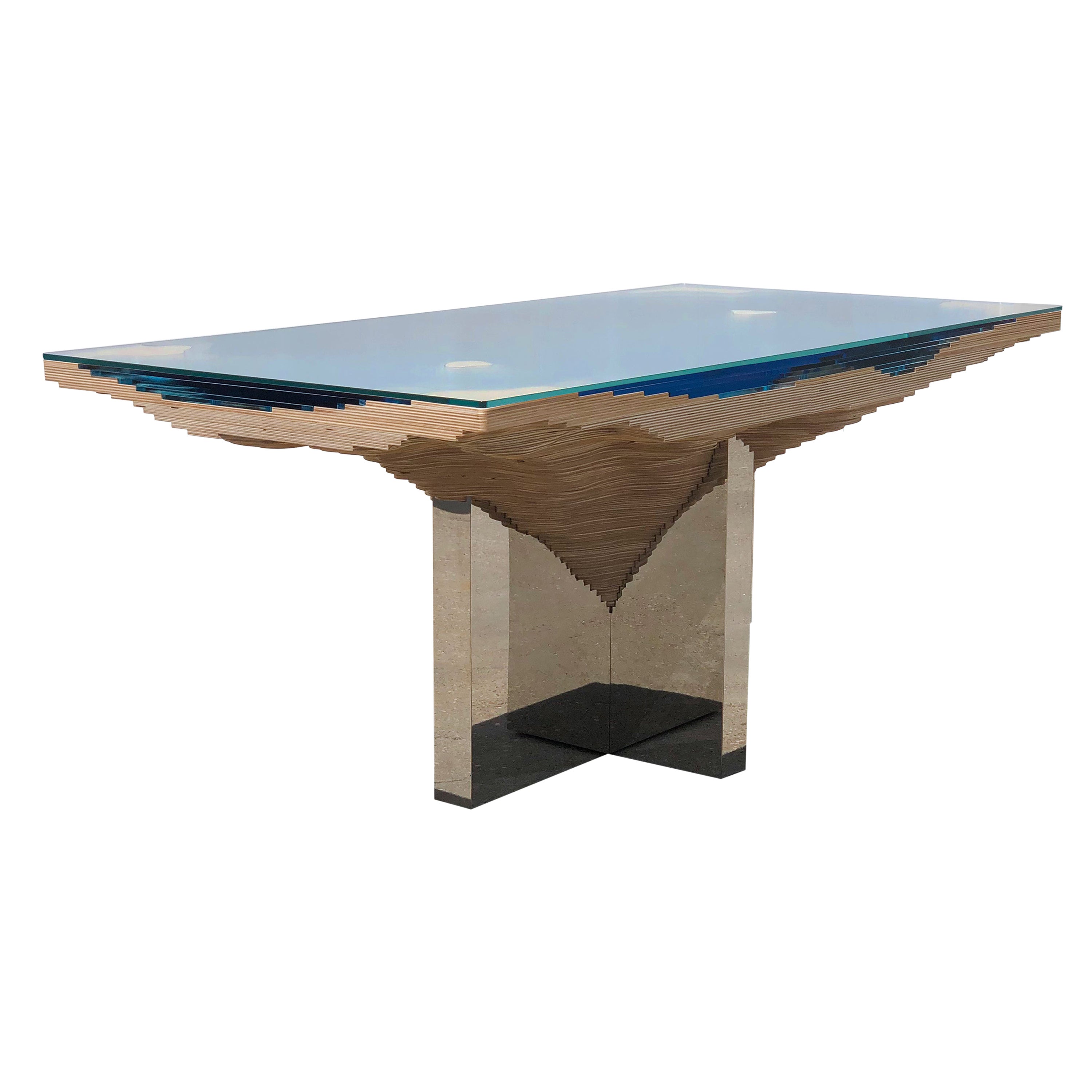 Modern Abyss Dining Table in Birch & Glass with Stainless Steel Base