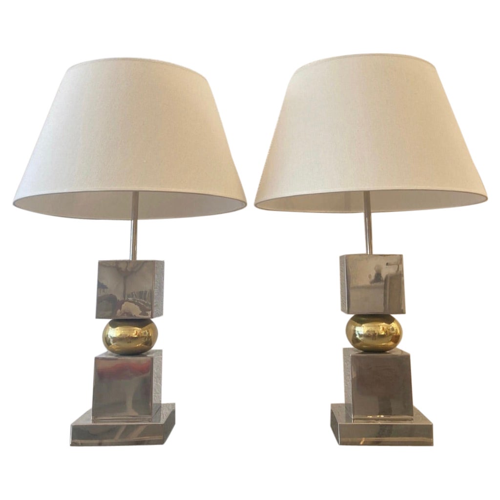 Vintage Pair of 1970s Chrome & Brass Table Lamps For Sale