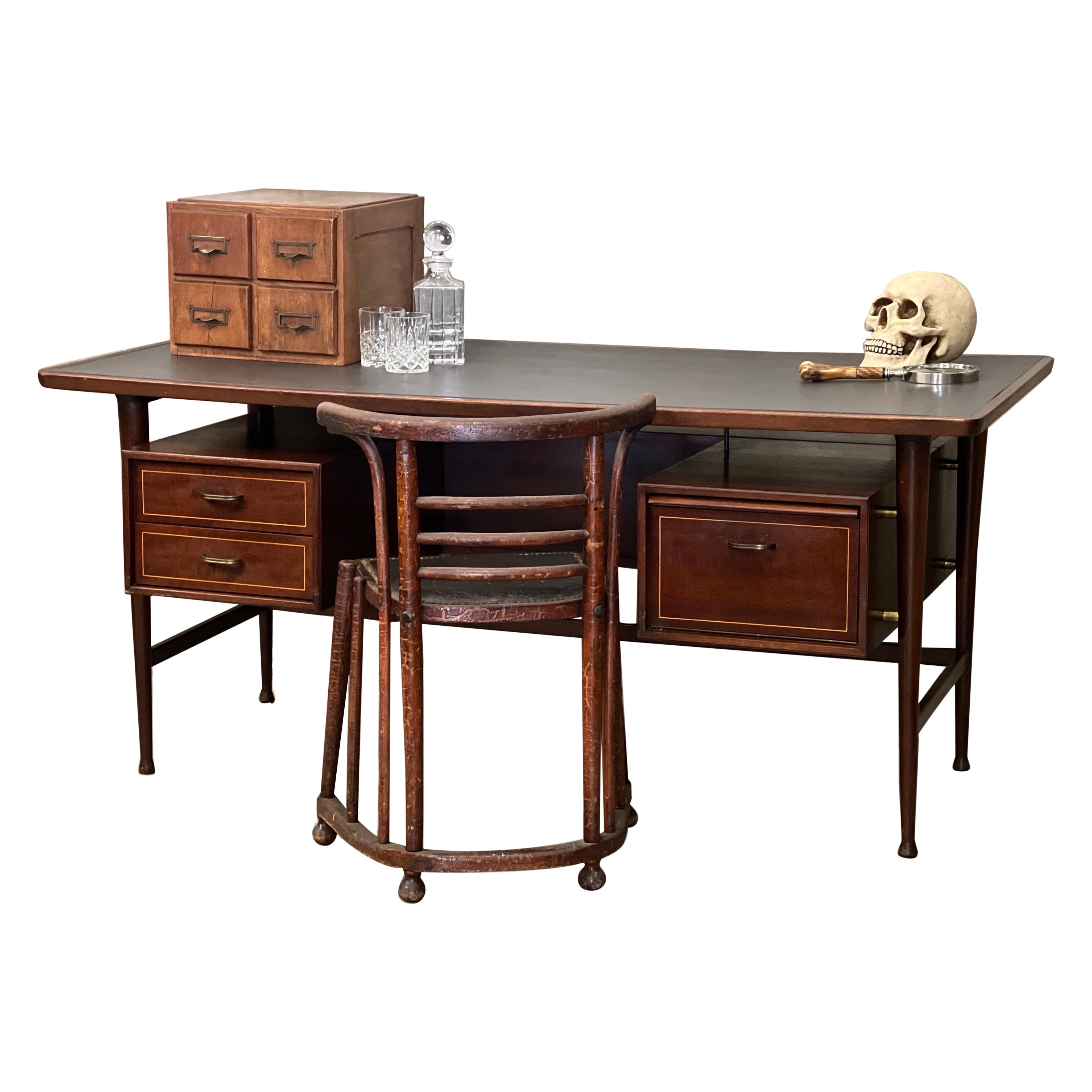 Mid-Century Executive Desk, Danish Design with Leather Top Inlay, Greeve