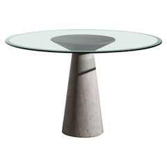 Round Table with a Travertine Base and a Glass Top by Angelo Mangiarotti, 1970s