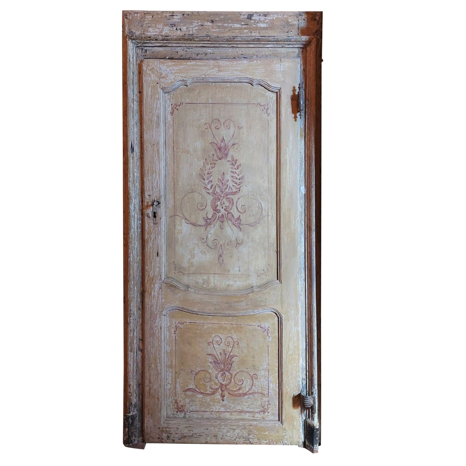 Antique painted door complete with frame and irons, yellow, 18th century Italy