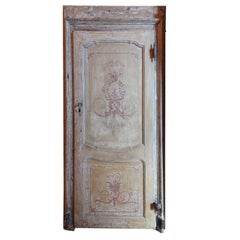 Antique painted door complete with frame and irons, yellow, 18th century Italy