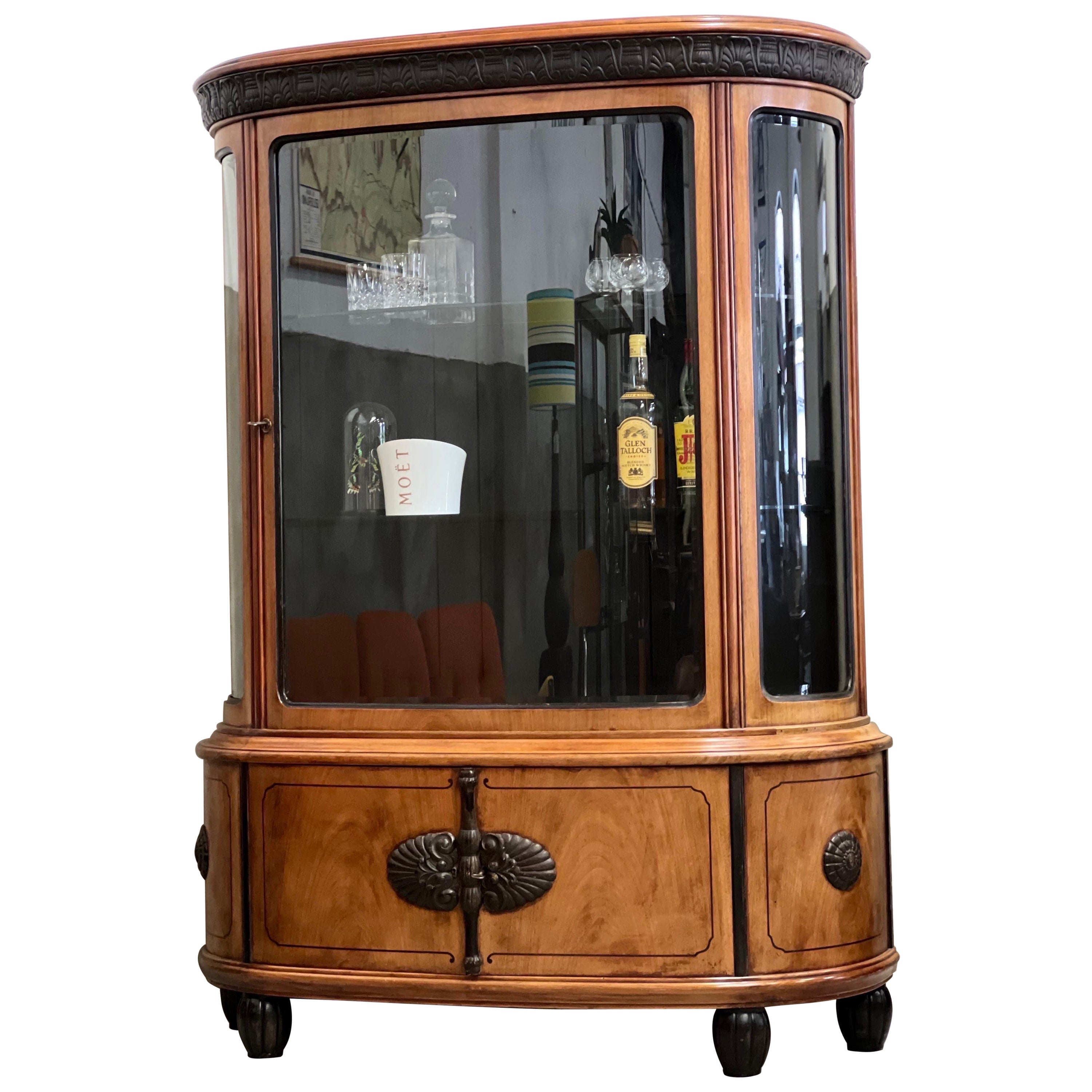 Early 20th Century Art Deco Beverage Cabinet, Curved Glass