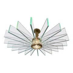 Vintage Glass & Brass Sunburst Flush Mount Ceiling Lamp 1950s