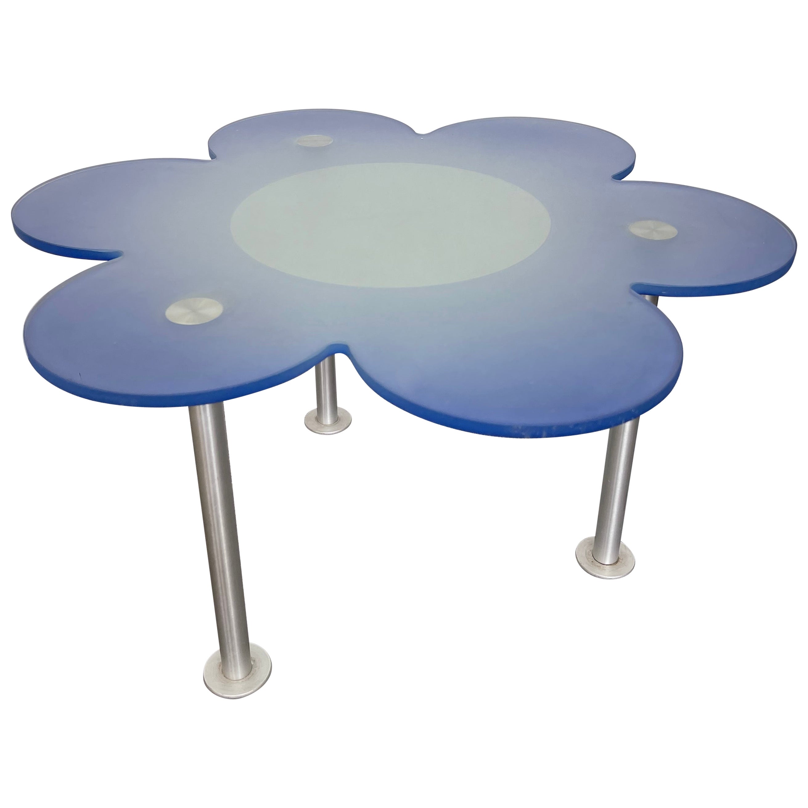 Blue Daisy Flower Glass Table by Glas Italia, Italy, 1990s For Sale