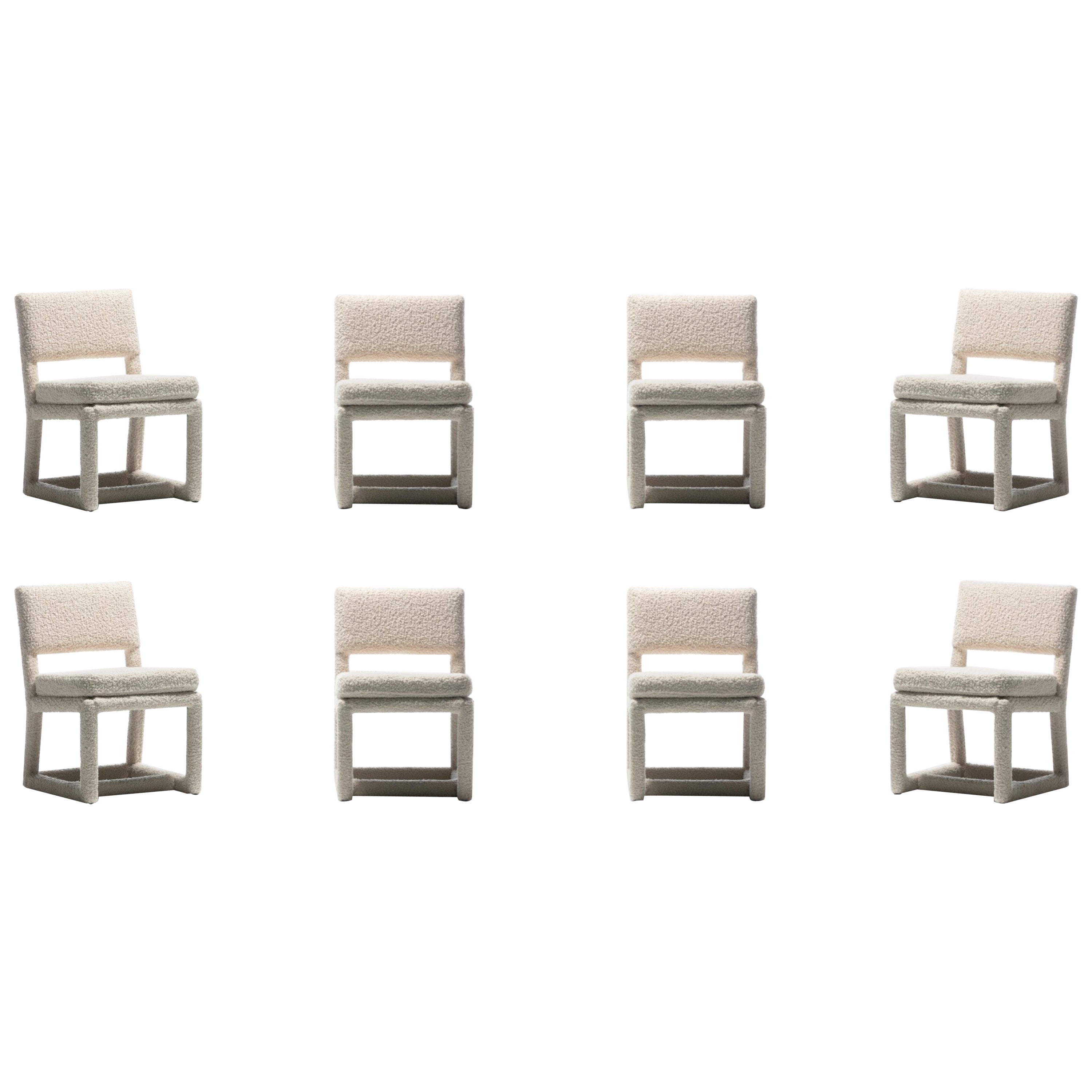 Milo Baughman Set of 8 Parsons Dining Chairs in Ivory Bouclé by Thayer Coggin