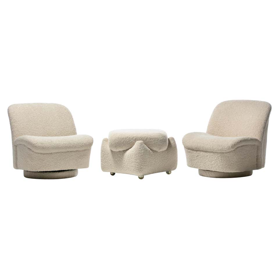 Post Modern Ivory White Bouclé Clam Shell Swivel Lounge Chairs For Sale ...
