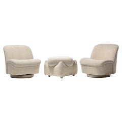 Pair of Directional Post Modern Swivel Chairs and Ottoman in Ivory Bouclé
