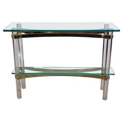 Vintage Hollywood Regency Lucite Brass and Glass Console Table Att. Charles Hollis Jones