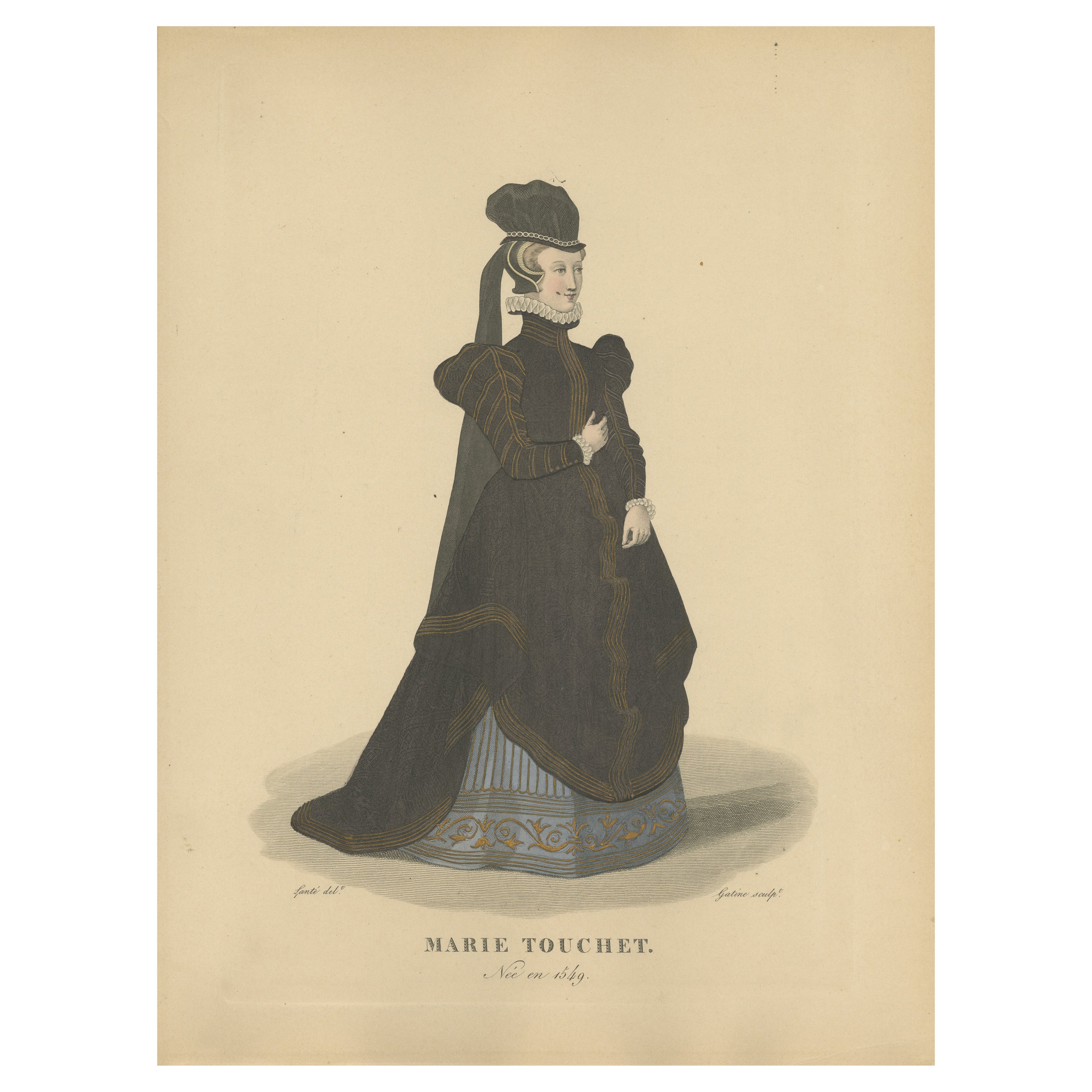 Hand Colored Engraving of Marie Touchet, Dame de Belleville, 1900 For Sale