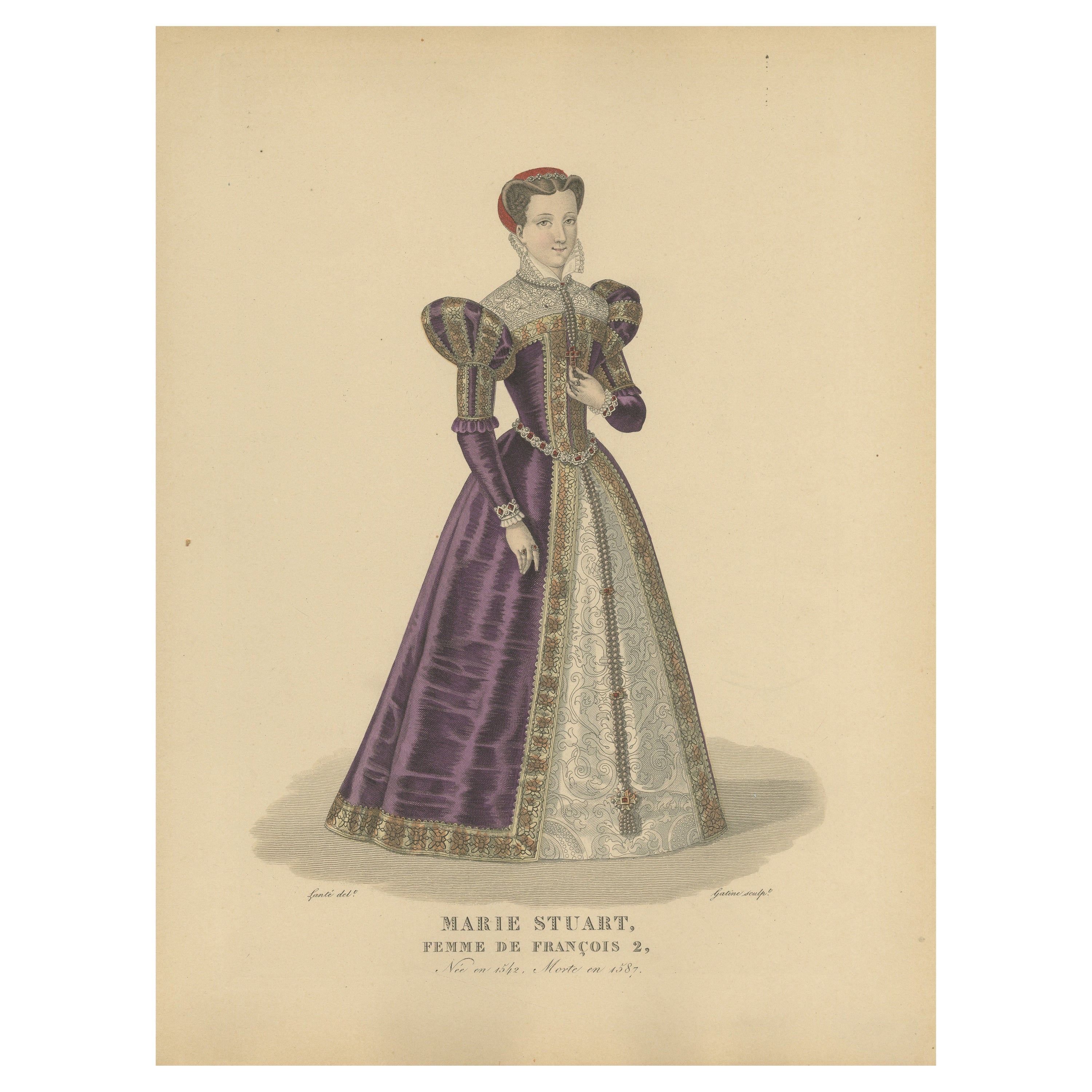 Hand Colored Engraving of Mary Stuart, Wife of King Francis II of France, 1900 For Sale