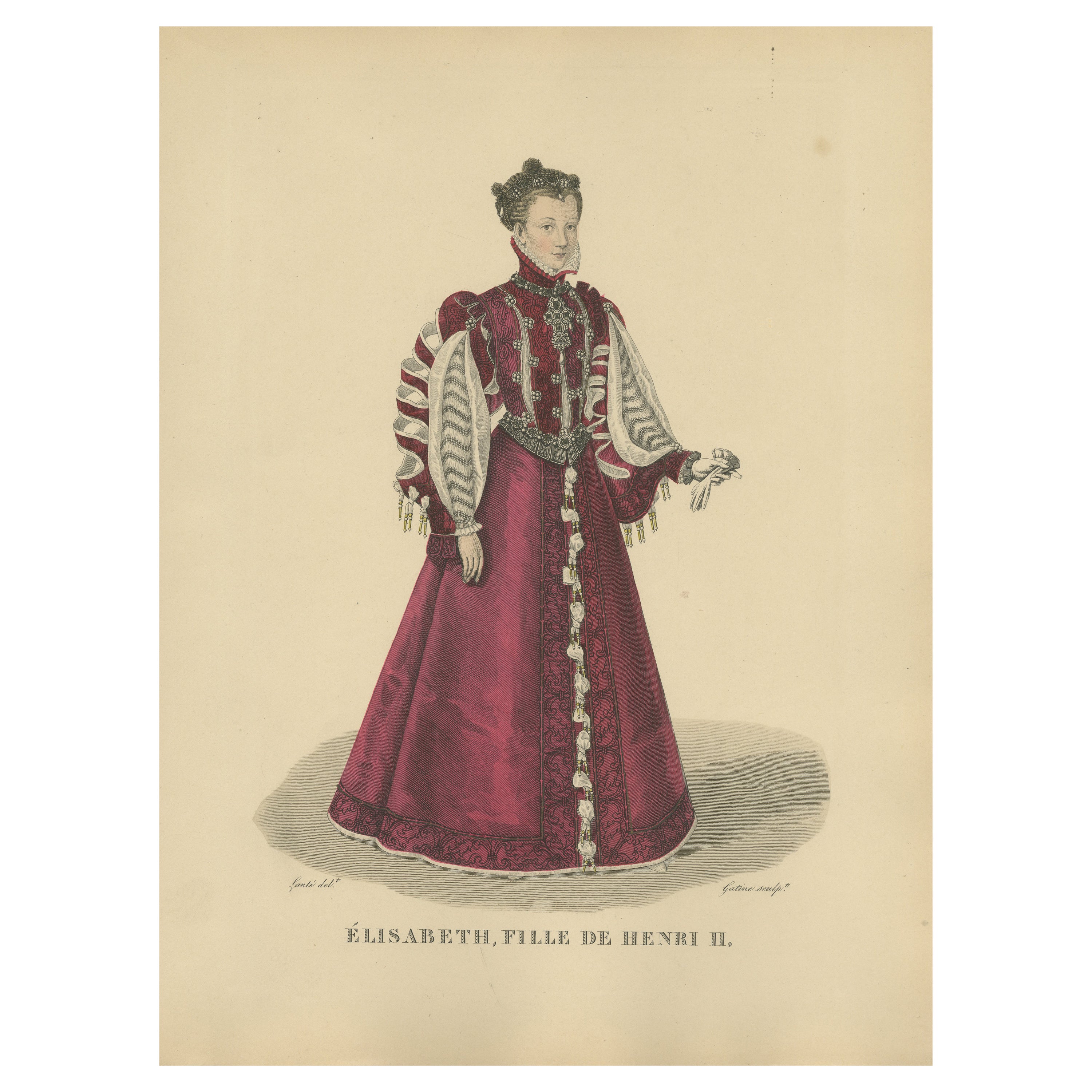 Hand Colored Engraving of Elisabeth of Valois, Daughter of Henry II, 1900 For Sale