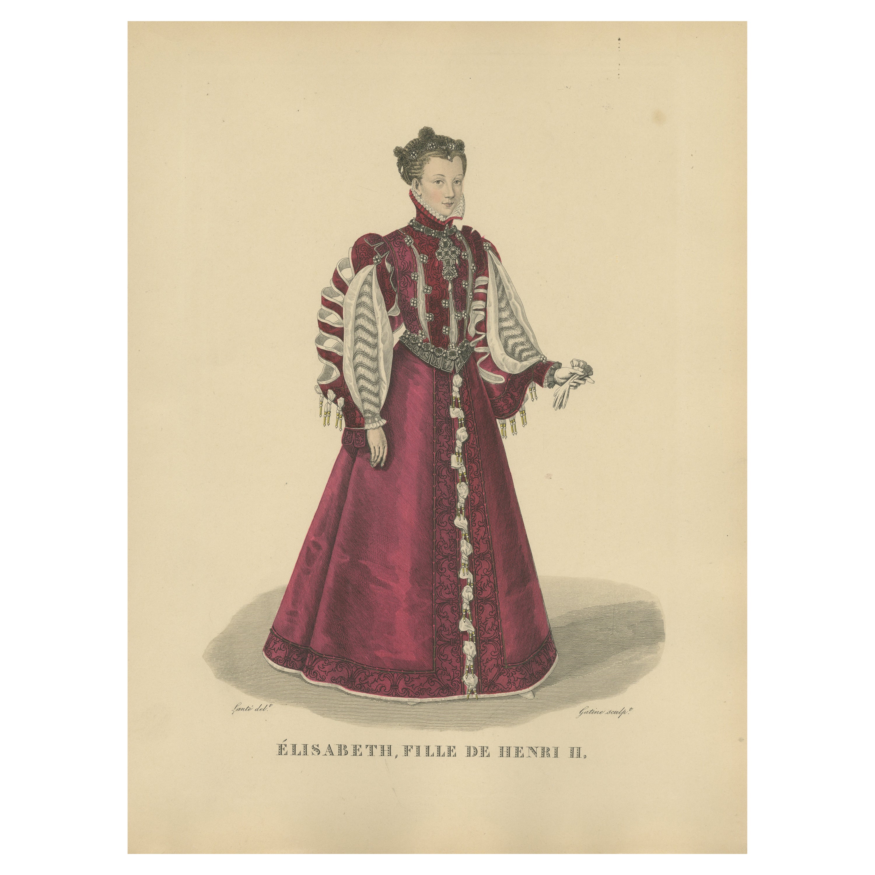 Hand Colored Engraving of Elisabeth of Valois, Daughter of Henry II, 1900