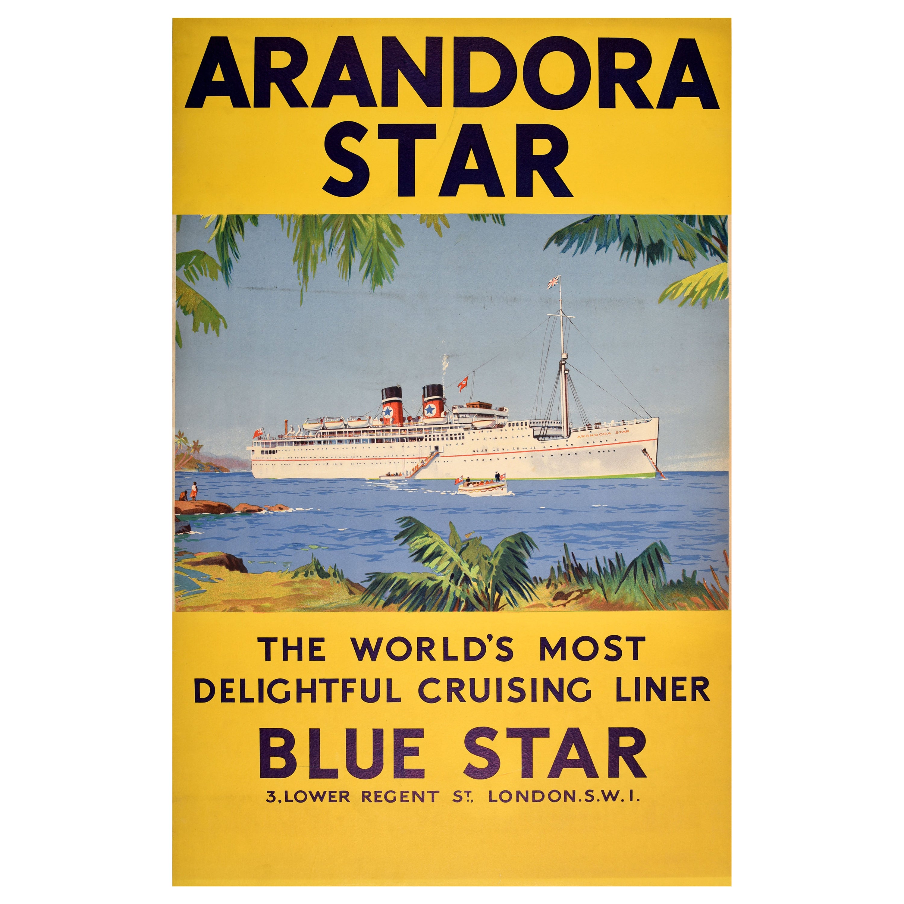 Original Vintage Travel Poster Arandora Star Luxury Cruise Ship Blue Star Line  For Sale