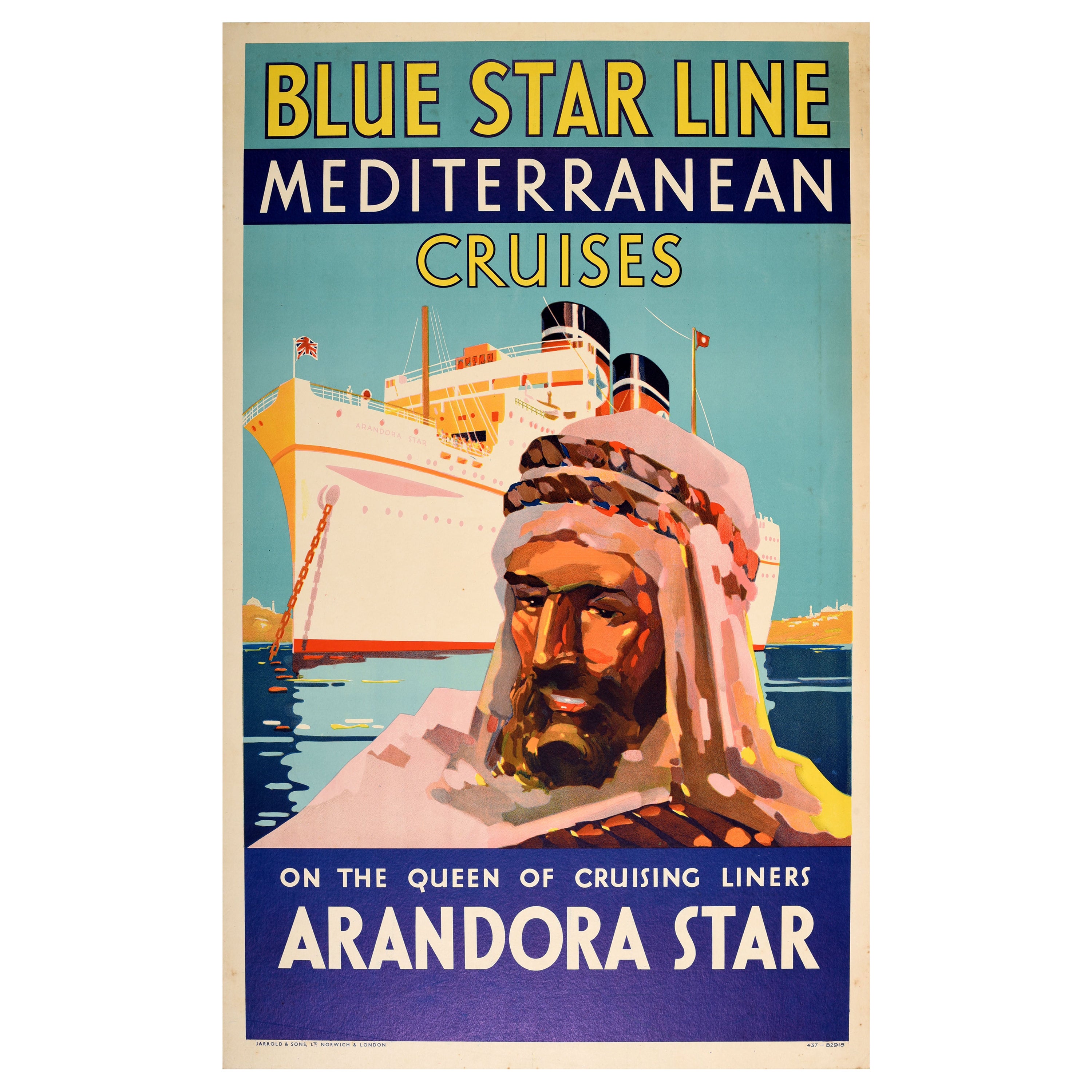 Original Vintage Travel Poster Blue Star Line Mediterranean Cruise Arandora Star For Sale