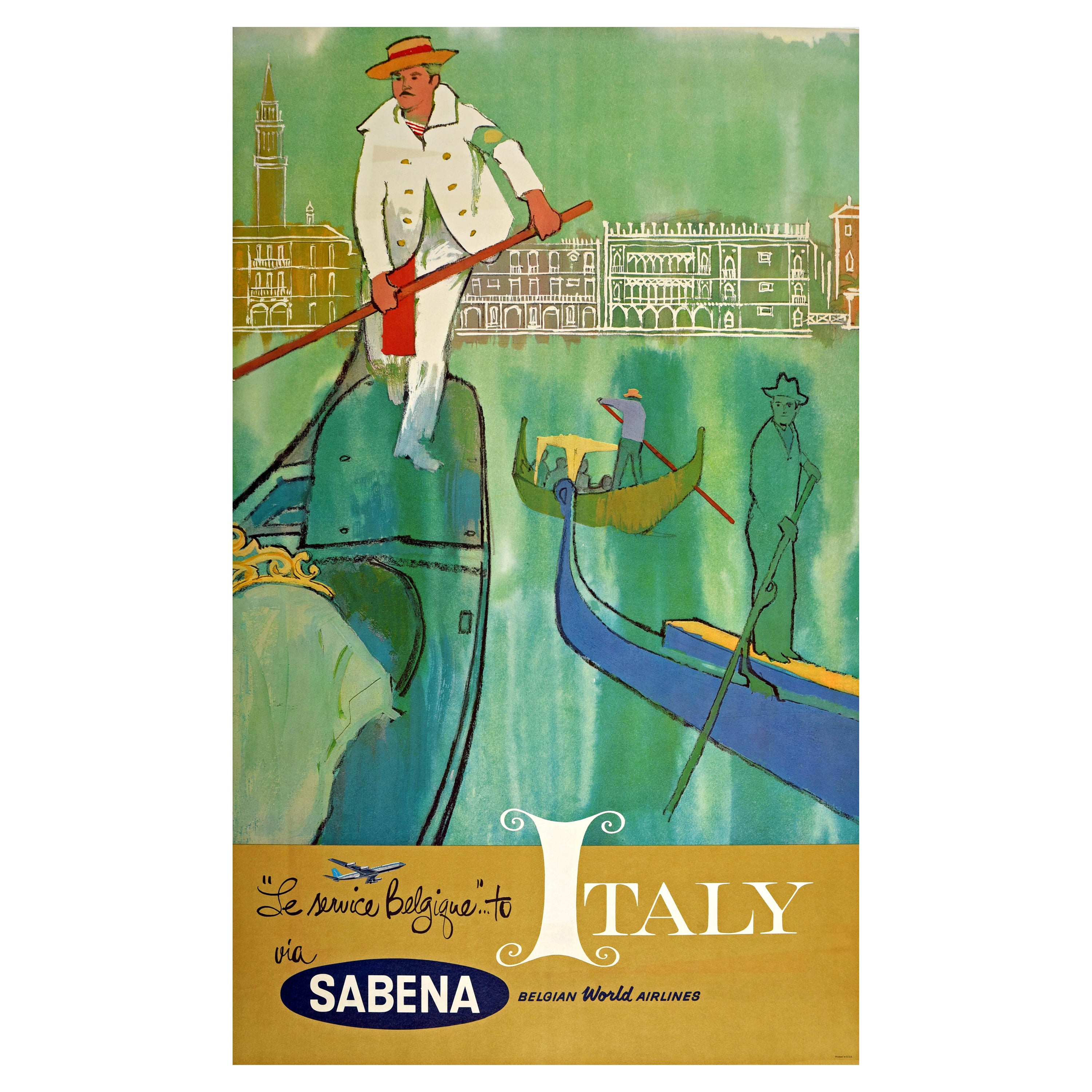 Original Vintage Travel Poster To Italy Via Sabena Airlines Venice Canal Gondola