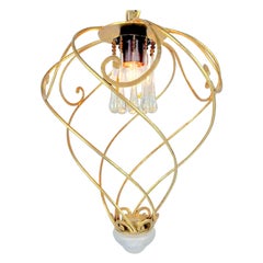 Italian Spiral Shaped Chandelier by Banci Firenze Leaf Gilded Cage 1980s