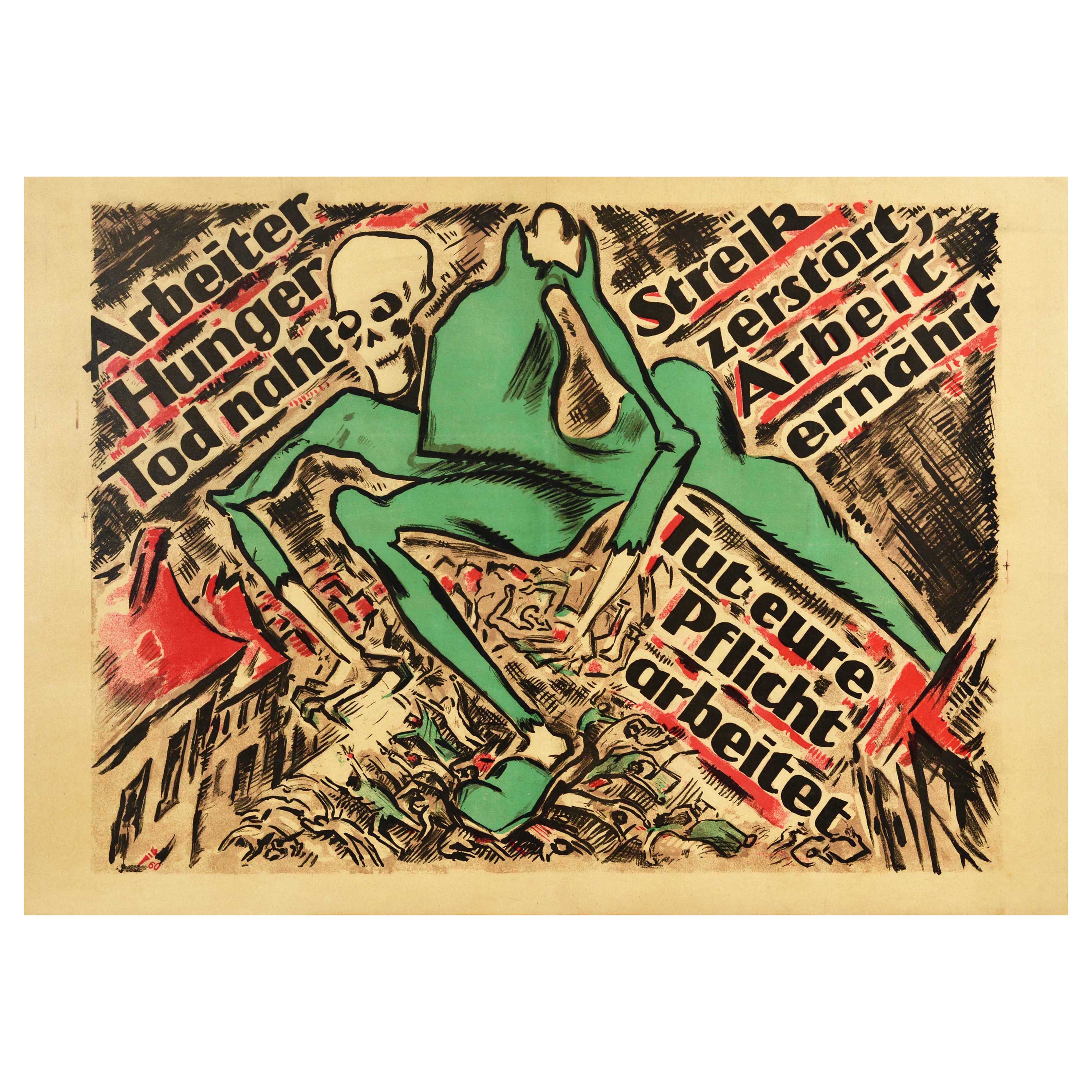 Original Antique Poster Anti Bolshevik Workers Starvation Death Skeleton Design For Sale
