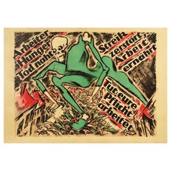 Affiche ancienne originale d'antiquités - Anti Bolshevik Workers - Dessin d'un squelette de mort - Starvation
