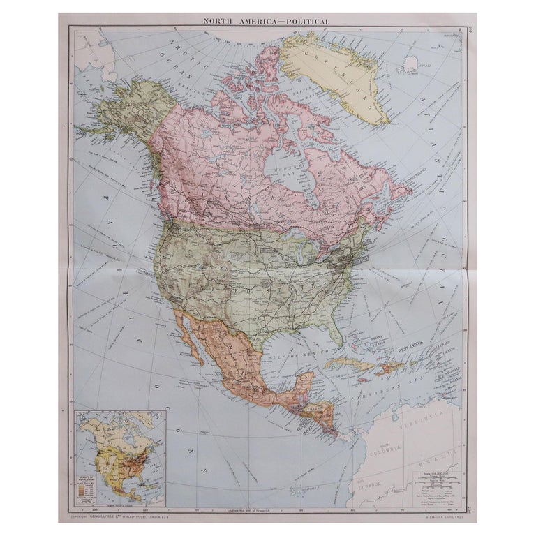 Large Original Vintage Map of North America, circa 1920 For Sale at 1stDibs