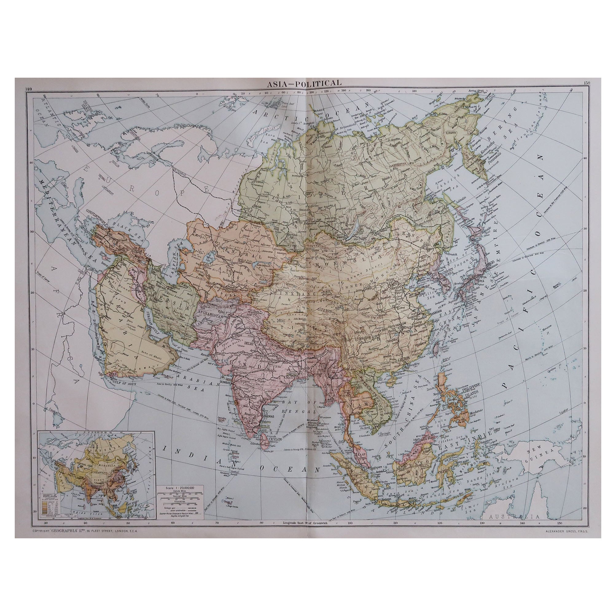 Large Original Vintage Map of Asia, circa 1920 For Sale