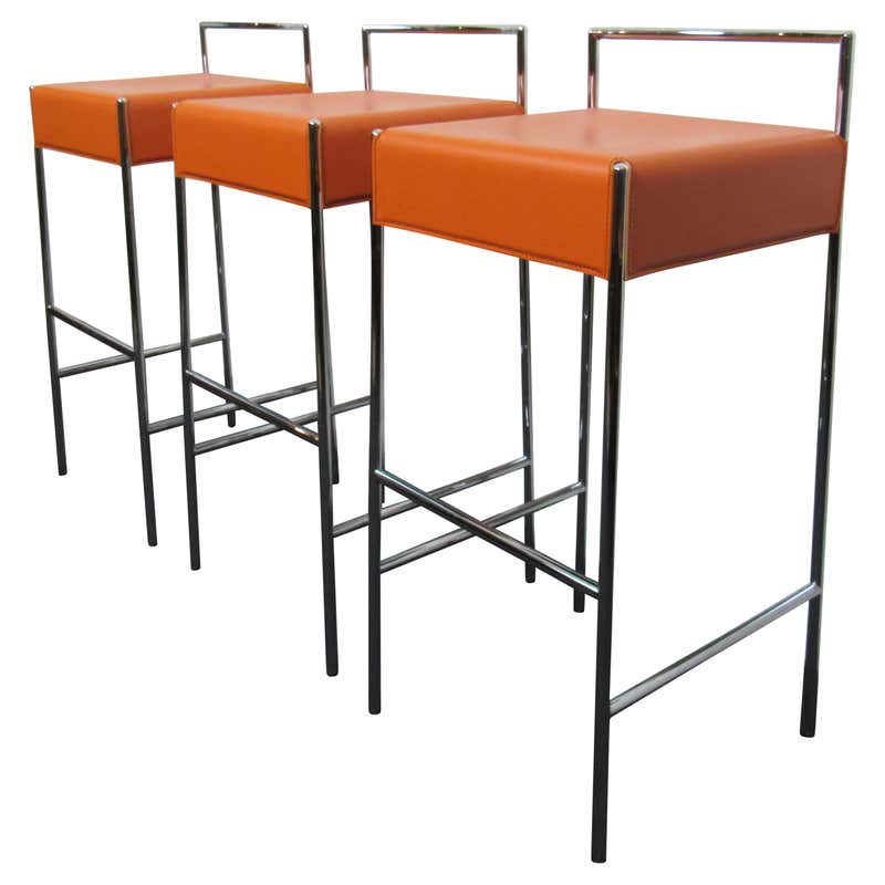 Library Stool Orange Set of Three Orange Mid-Century Modern Stools For Sale at 1stDibs