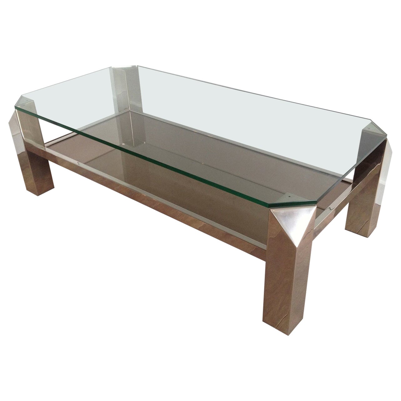 Table basse chromée de conception octogonale avec verre transparent et étagères en miroir, œuvre française en vente