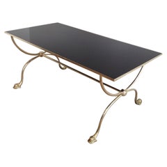 Brass Coffee Table with Dolphin Heads and Black Lacquered Glass Top, French Work