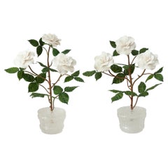 Pair of Samuel Mazy Porcelain Rose Bush Sculptures with Rock Crystal Pots