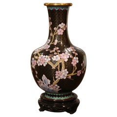  Vintage Chinese Cloisonne Enamel Vase with Floral Motifs on Wooden Stand