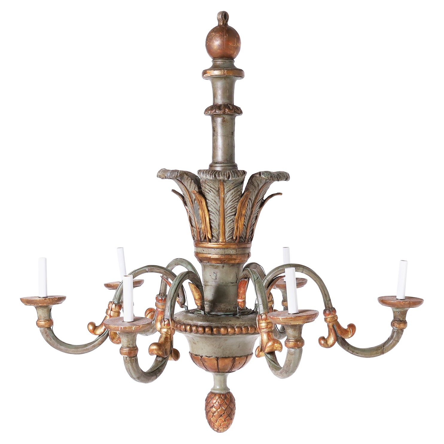 Antique French Provincial Carved Wood Painted Chandelier For Sale