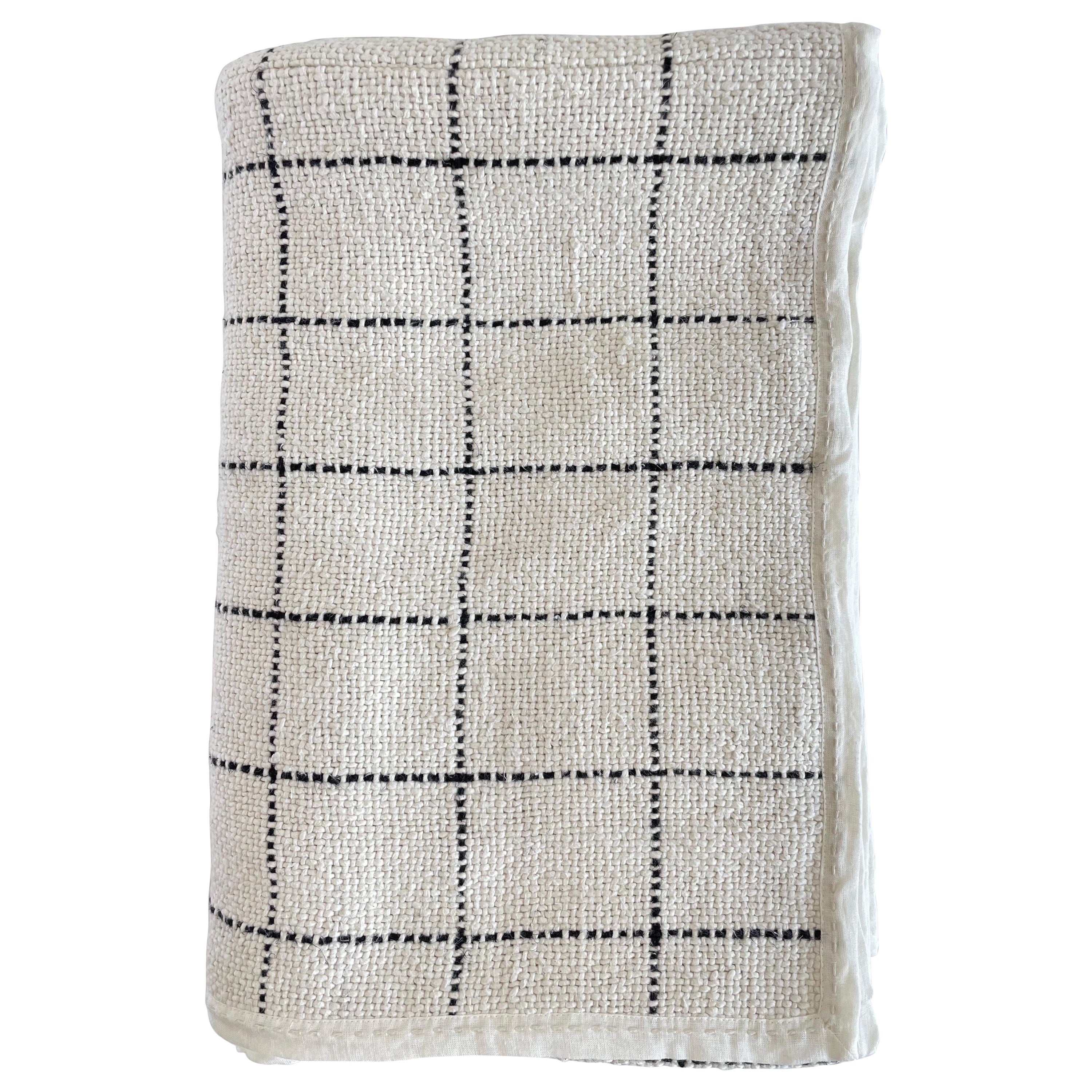 Queen Size Ivory and Black Linen Windowpane Coverlet